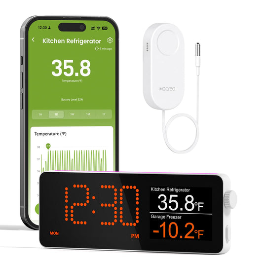 MOCREO hub écran LCD montrant températures et alertes, facilite la lecture rapide