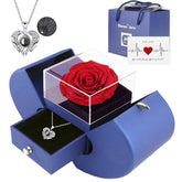 moshen coffret ouvert montrant rose préservée et collier, cadeau élégant