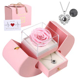 moshen coffret montrant la rose préservée et le collier, cadeau romantique prêt à offrir