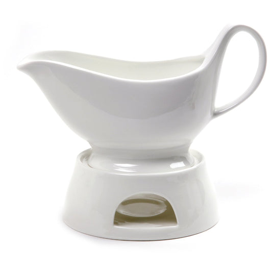 Norpro saucière face visible avec support chauffant, présentation élégante et service pratique