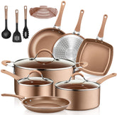NutriChef vue d'ensemble du set 14 pièces montrant poêles et casseroles, gain de temps