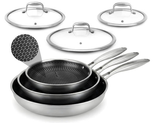 Image NutriChef ensemble de poêles avec couvercles montrant polyvalence