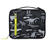PackIt face avant du sac Dino Camo Charcoal montrant motif et fermeture zippée, pratique
