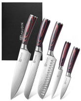PAUDIN ensemble de couteaux 5pcs posé sur plan de travail montrant l'ensemble complet et gain de place