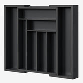 Pipishell vue face avant du plateau extensible montrant finition noire et compartiments