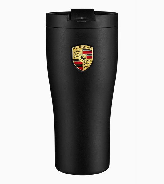 Porsche mug thermic matte black face montrant le design et la capacité pratique