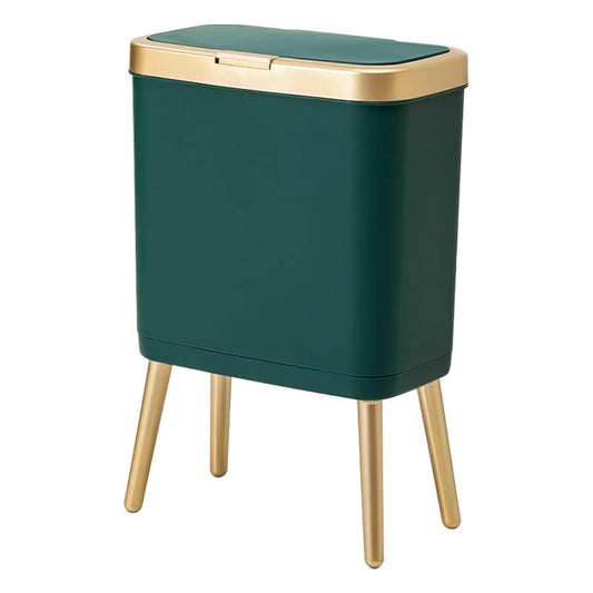 Procade poubelle face avant verte et dorée, design élégant et gain d'espace