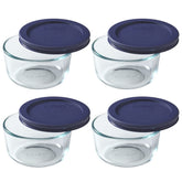 Pyrex 7202 face avant du bol et couvercle bleu foncé montrant le design et la contenance
