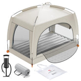 QPAU matelas avec tente devant montrant installation rapide et protection