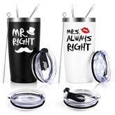Qtencas tumbler face avant montrant Mr. Right et Mrs. Always Right pour un cadeau élégant
