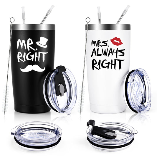 Qtencas tumbler face avant montrant Mr. Right et Mrs. Always Right pour un cadeau élégant