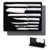 RADA coffret S38 face montrant les sept couteaux pour préparation polyvalente