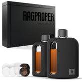 Ragproper vue avant du coffret élégant avec flasque en verre et housse silicone pour cadeau