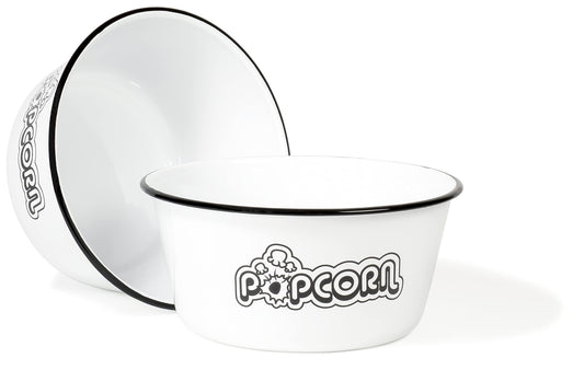 Red Co. bol émaillé face montrant le lettrage POPCORN et le bord noir pour une touche vintage