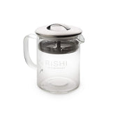 Rishi Tea face avant de la théière Simple Brew montrant le verre et le couvercle, design pratique