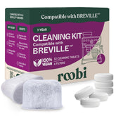 Roobi kit boîte et contenu montrant pastilles et filtres pour entretien Breville