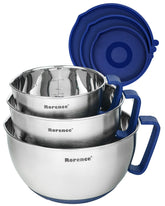 Rorence vue de face des trois bols ouverts montrant design bleu et empilabilité