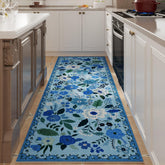 Rugcomf tapis coureur face avant bleu montrant motif vintage et élégance