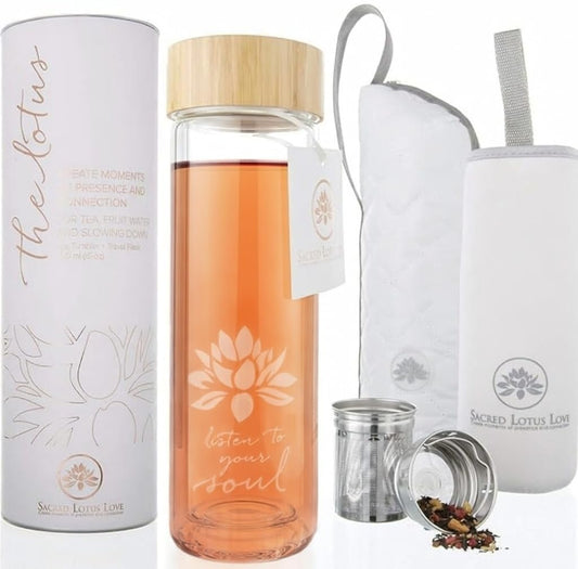 sacred lotus love vue de face du tumbler en verre élégant, parfait pour déplacements