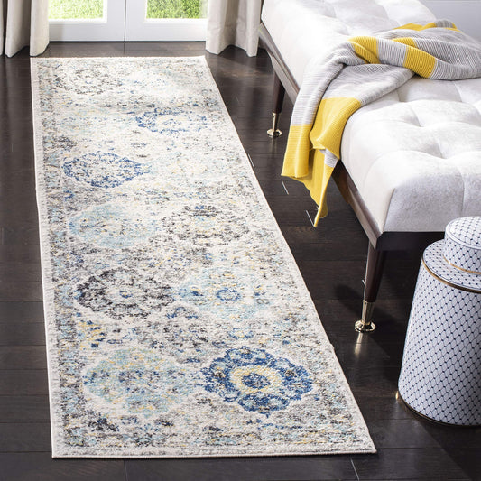 SAFAVIEH vue avant du tapis coureur montrant motif ivoire et aqua et adaptabilité