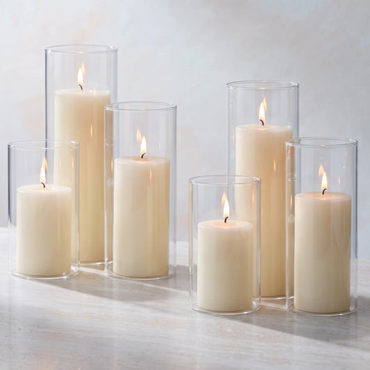 Shihanee vue avant du pack de vases cylindriques et bougies, prêt à décorer