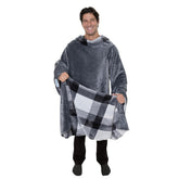 Snuggie emballage devant gris/plaid montrant le produit et dimensions pratiques