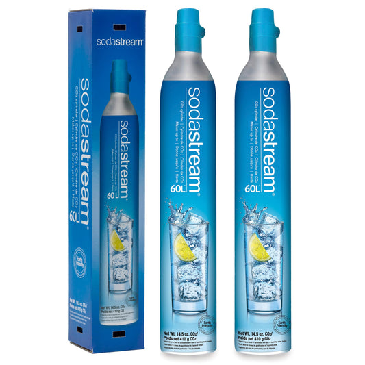 SodaStream face avant du pack montrant deux cylindres et bénéfice disponibilité instantanée