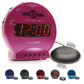 Sonic Alert réveil face avant rose montrant écran lisible et réglages faciles