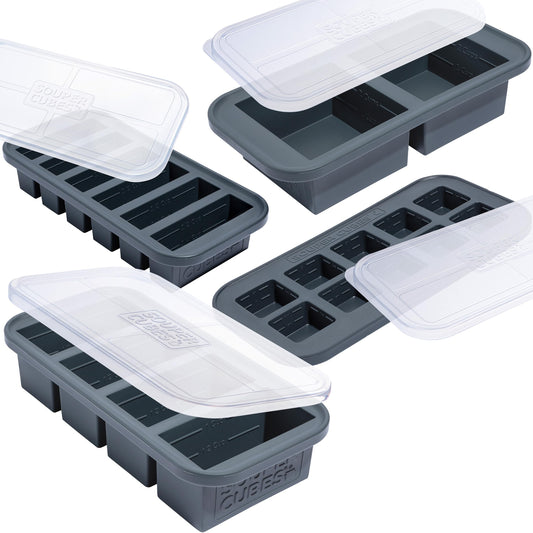 Souper Cubes coffret charbon vue frontale montrant les quatre moules empilés et gain de temps