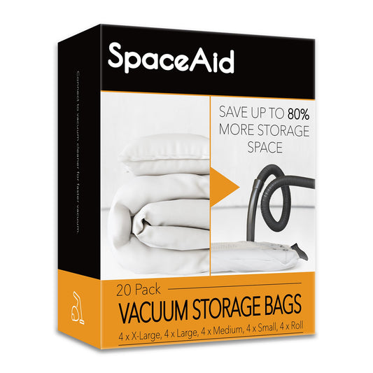 SpaceAid face avant du pack montrant les sacs et dimensions, gain d'espace visible