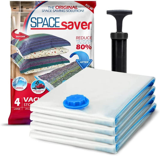 Spacesaver face de l'emballage montrant 4 sacs jumbo et la pompe, gain de place évident