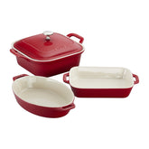 STAUB ensemble vu de face montrant trois plats et couvercle, esthétique et pratique