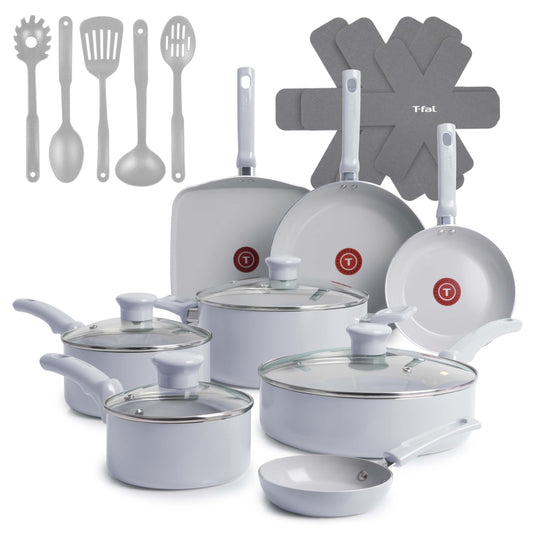 T-Fal ensemble face avant montrant toutes les pièces, design coloré et gain de place