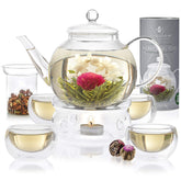Teabloom théière en verre face montrant design élégant et service complet