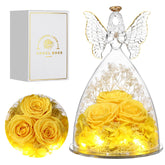 Tiaronics ange en verre vu de face montrant les trois roses, décor élégant