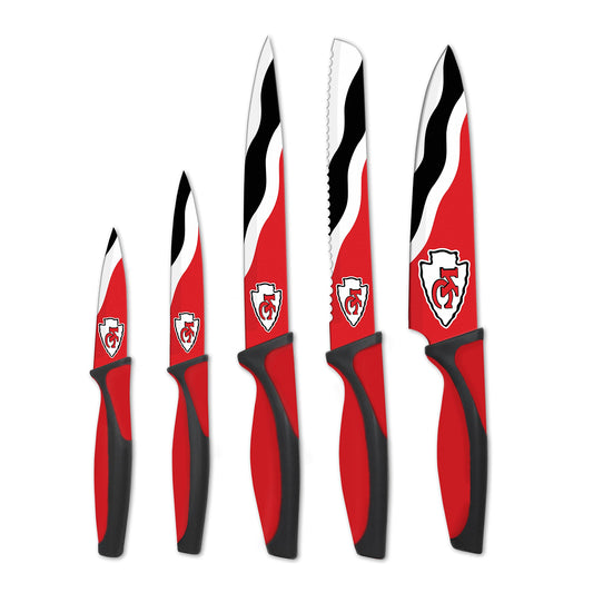 TSV coffret 5 couteaux Kansas City Chiefs posé sur plan de travail, montre esprit d'équipe
