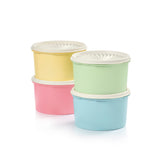 Tupperware ensemble devant montrant quatre canisters pastel et quatre couvercles, organisation claire