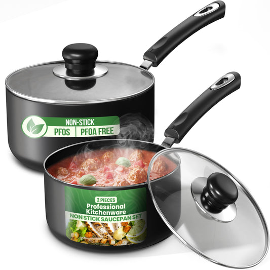 Utopia Kitchen face avant du set montrant les deux casseroles et les couvercles, gain de place