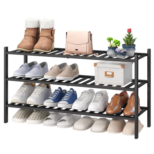 viewcare vue de face de l'étagère à chaussures en bambou noir, gain de place évident