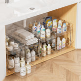 Vtopmart vue avant de l'organiseur sous-vasque montrant le design transparent et gain de place