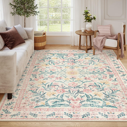Wonnitar vue frontale tapis rose bohème, apporte chaleur décorative
