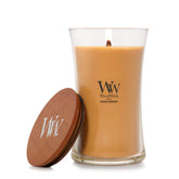 WoodWick bougie Golden Bourbon vue de face, design Hourglass élégant