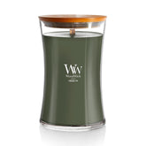 WoodWick bougie hourglass face emballage montrant le design et l'attrait visuel