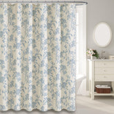 WOUVMA rideau devant montrant motif floral bleu et atmosphère cottagecore
