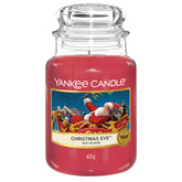 Yankee Candle Christmas Eve face de la jarre montrant l’étiquette et l’ambiance festive