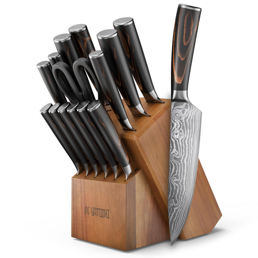 Yatoshi Knives vue de face du coffret 15 pièces montrant l'ensemble complet et élégance