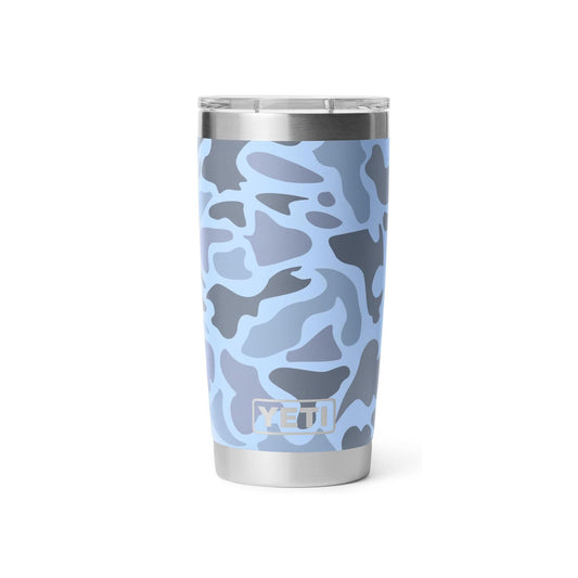 YETI Rambler face bleu camo montrant design résistant et camouflage