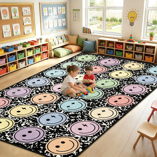 Yomjress vue de face du grand tapis composition notebook et visage souriant, crée un coin chaleureux