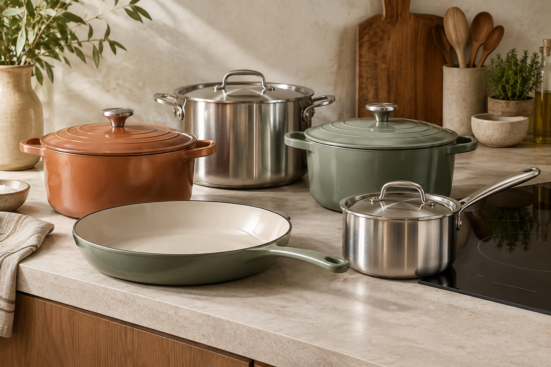 Casseroles en inox et cocotte en fonte émaillée sur un plan de travail à côté d’une plaque à induction