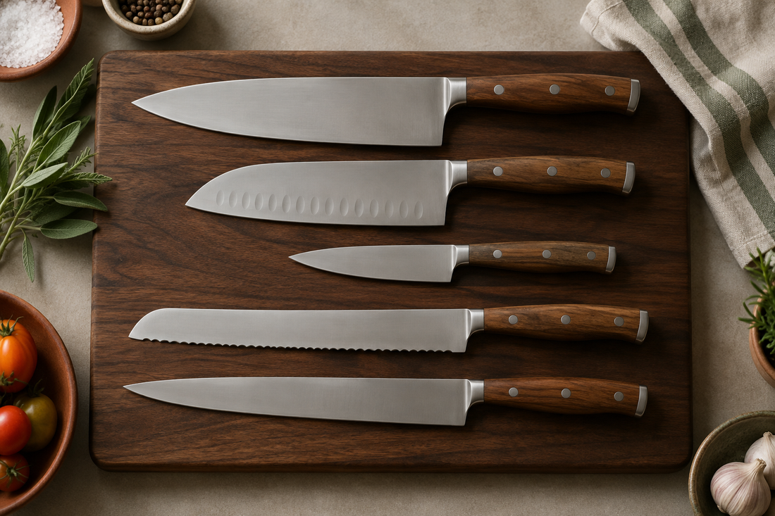 Cinq couteaux de cuisine alignés sur une planche en noyer : chef, santoku, office, pain et tranchelard